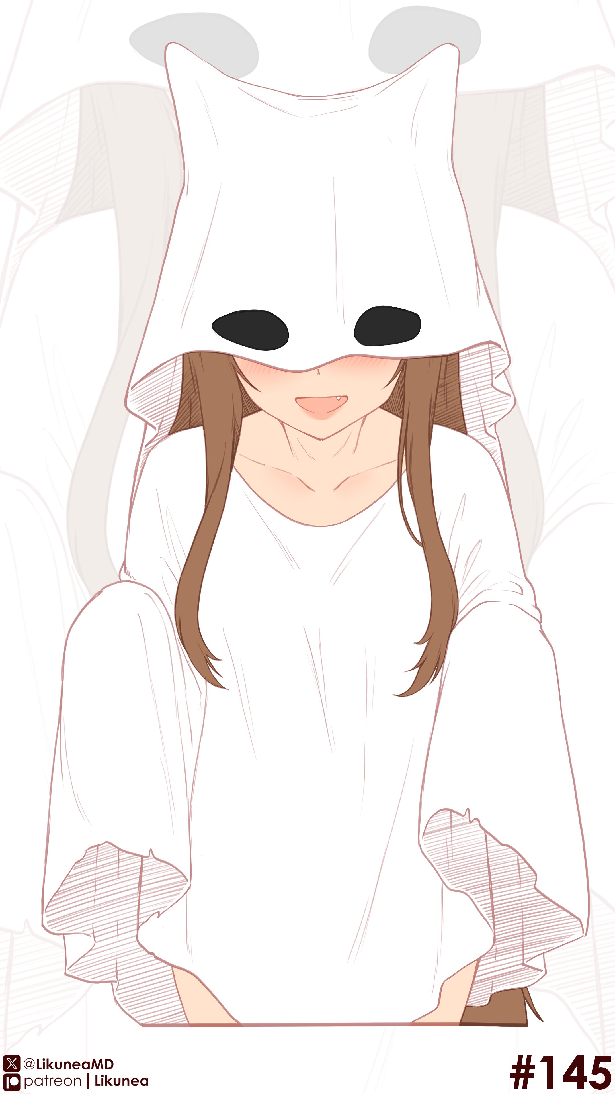 likunea, holo, spice and wolf, absurdres, commentary, english commentary, highres, 1girl, animal ears, blush, brown hair, collarbone, fang, ghost costume, long hair, open mouth, patreon logo, patreon username, sheet ghost, simple background, smile, solo, tail, twitter username, twitter x logo, wolf ears, wolf girl, wolf tail, zoom layer