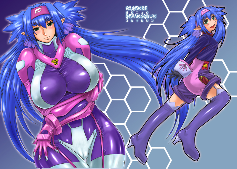 kokuriu, klan klein, meltrandi, zentradi, macross, macross frontier, hand on thigh, purple footwear, 00s, 1girl, :d, aged up, blue background, blue hair, blush, bodysuit, boots, bracer, breasts, buttons, cameltoe, cleavage, cowboy shot, crop top, crossed arms, dual persona, dutch angle, floating hair, from side, full body, garter straps, giant, giantess, gloves, gradient background, green eyes, hair between eyes, hair intakes, hair ribbon, headband, high heel boots, high heels, honeycomb (pattern), honeycomb background, honeycomb pattern, huge breasts, impossible bodysuit, impossible clothes, light smile, long hair, long sleeves, looking at viewer, looking back, low twintails, maclone, miclone, open mouth, outline, plump, pointy ears, purple bodysuit, quad tails, ribbon, shiny clothes, size difference, skin tight, sleeve cuffs, small breasts, smile, spiked hair, thigh boots, thigh gap, thighhighs, turtleneck, twintails, unitard, very long hair, wide hips, zettai ryouiki