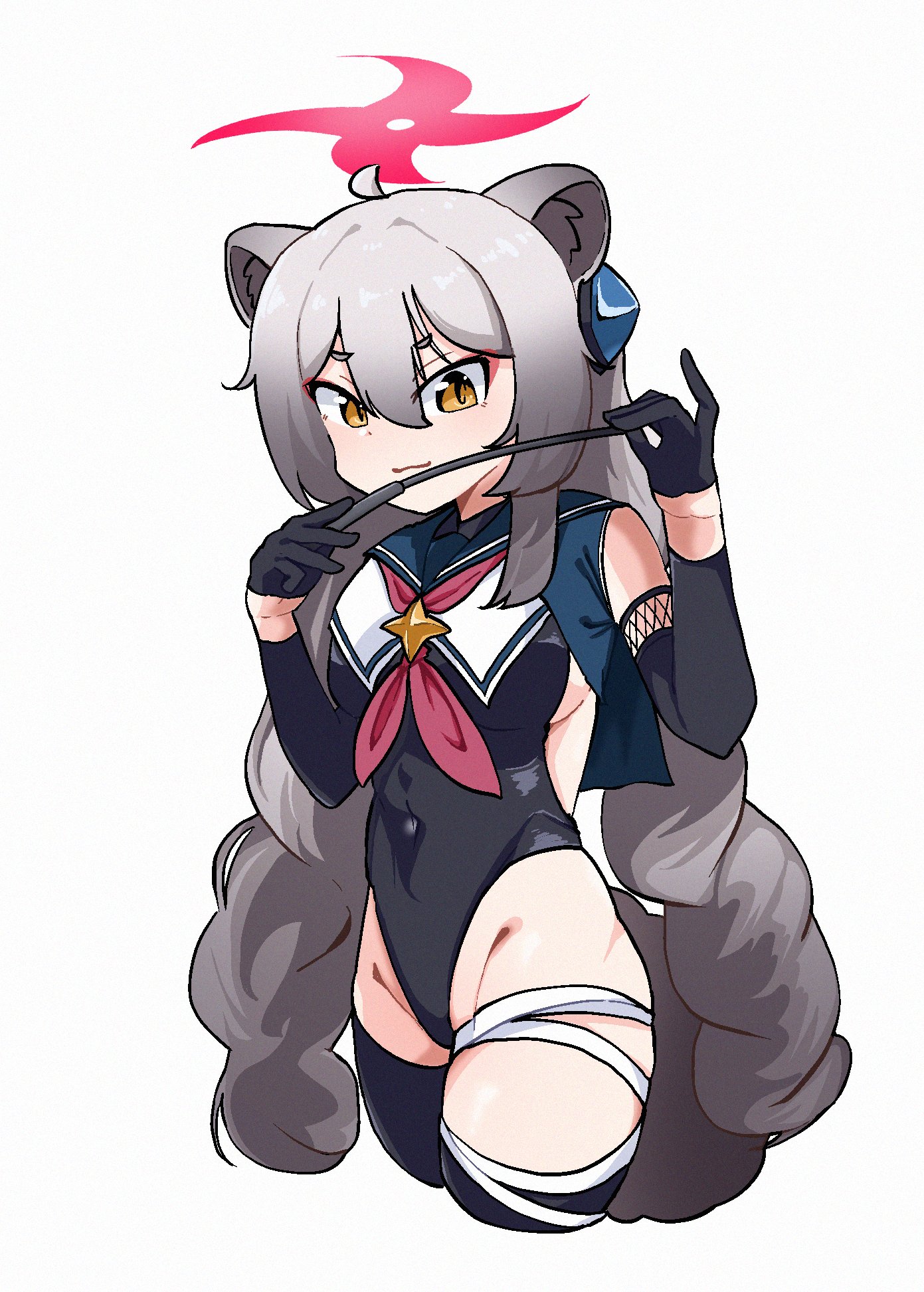 michiru (blue archive), shimiko (blue archive), shimiko (magical) (blue archive), blue archive, commentary, highres, 1girl, animal ears, bandage on leg, black gloves, black leotard, blue shrug, breasts, cosplay, covered navel, cropped legs, detached sleeves, dit dit, eyeshadow, gloves, grey hair, groin, half gloves, halo, holding, holding riding crop, leotard, long hair, looking at viewer, low twintails, makeup, medium breasts, neckerchief, raccoon ears, raccoon girl, raccoon tail, red eyeshadow, red halo, red neckerchief, riding crop, shimiko (blue archive) (cosplay), shrug (clothing), simple background, solo, super highleg, tail, twintails, white background, yellow eyes