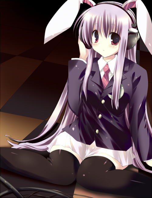 kinoko (hkn), reisen udongein inaba, touhou, bad id, bad pixiv id, 1girl, animal ears, black thighhighs, female focus, headphones, rabbit ears, sitting, solo, thighhighs, wariza, zettai ryouiki