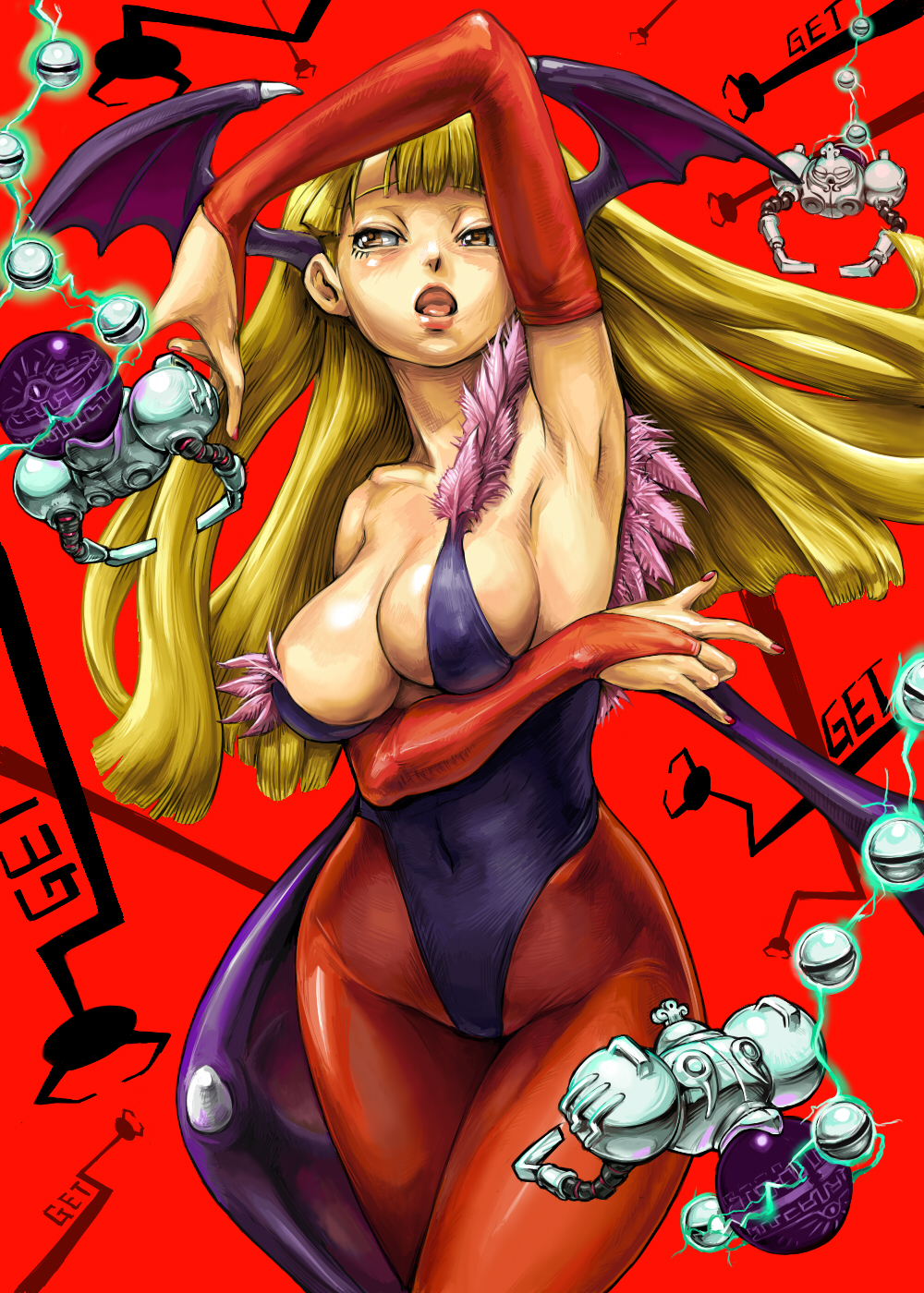 kari (artist), huitzil (darkstalkers), morrigan aensland, capcom, darkstalkers, highres, 1girl, armpits, bat wings, breasts, cleavage, elbow gloves, female focus, gloves, head wings, large breasts, pantyhose, solo, wings, yellow eyes