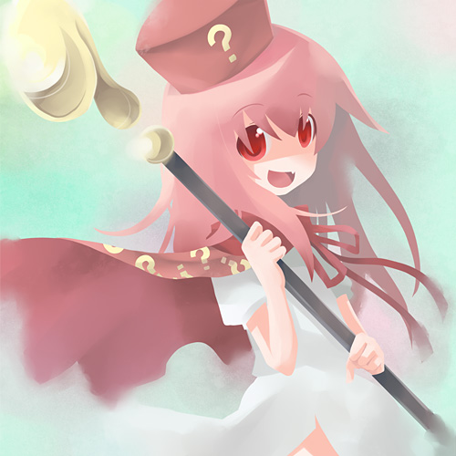 kintaro, hatena yousei, benesse, bad id, bad pixiv id, lowres, 1girl, child, female focus, hat, pink hair, pink hat, red eyes, solo, staff
