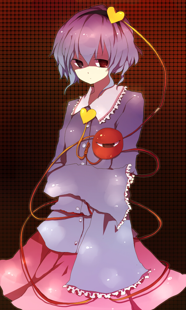 yuuutsu kamo, komeiji satori, touhou, bad id, bad pixiv id, 1girl, female focus, gradient background, hairband, heart, purple hair, red eyes, solo, standing
