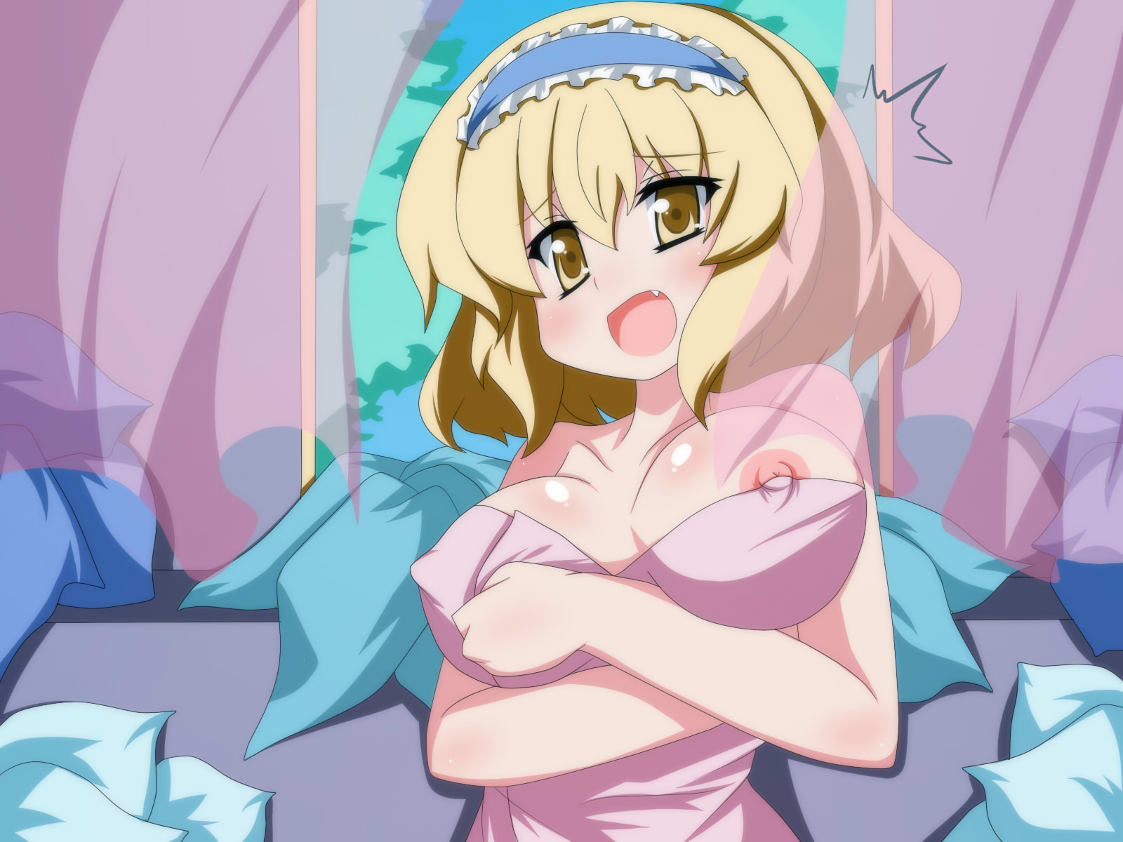 oborotsuki kakeru, alice margatroid, touhou, highres, 1girl, blonde hair, breasts, fang, female focus, hairband, impossible towel, large breasts, naked towel, nipple slip, nipples, solo, towel, yellow eyes