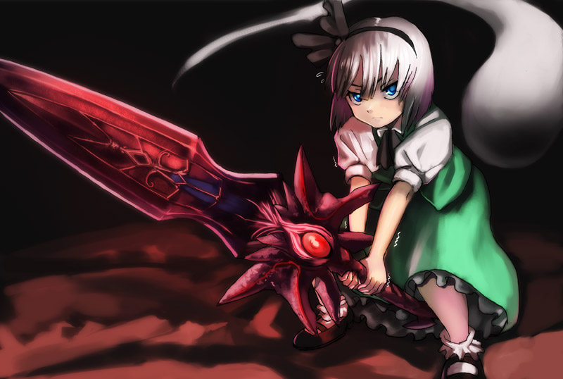 fo~do, konpaku youmu, konpaku youmu (ghost), soul calibur, touhou, 1girl, blue eyes, crossover, female focus, ghost, hitodama, huge weapon, katana, solo, soul edge (weapon), sword, weapon