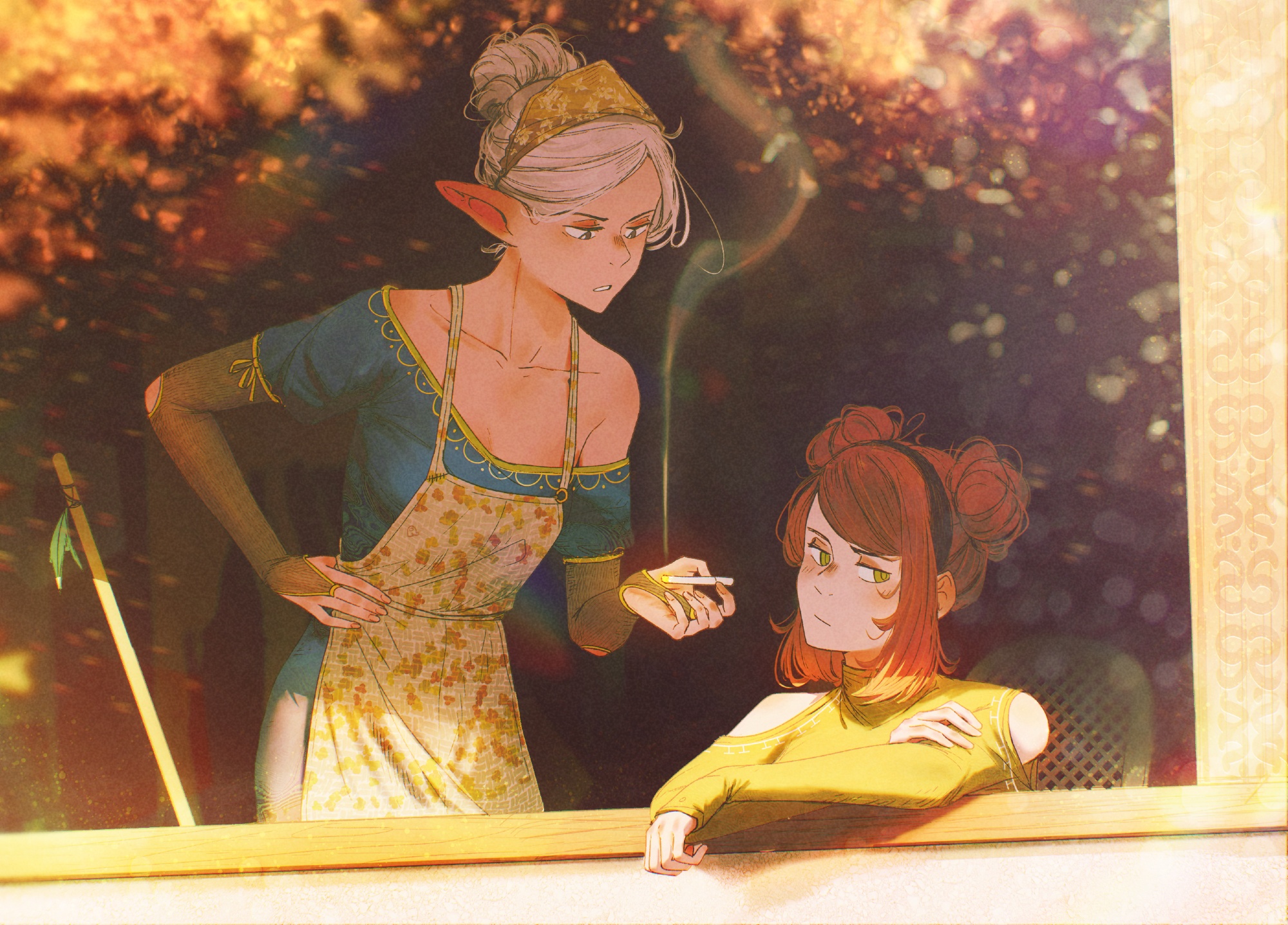 spindle (aidenr0), asimov (spindle (aidenr0)), ottilie (spindle (aidenr0)), original, highres, apron, bare shoulders, black eyes, black hairband, blue dress, brown hair, chair, cigarette, double bun, dress, green eyes, hair bun, hairband, hand on own hip, holding, holding cigarette, indoors, on chair, pointy ears, reflection, scolding, shirt, single bare shoulder, single hair bun, sitting, white hair, yellow apron, yellow shirt