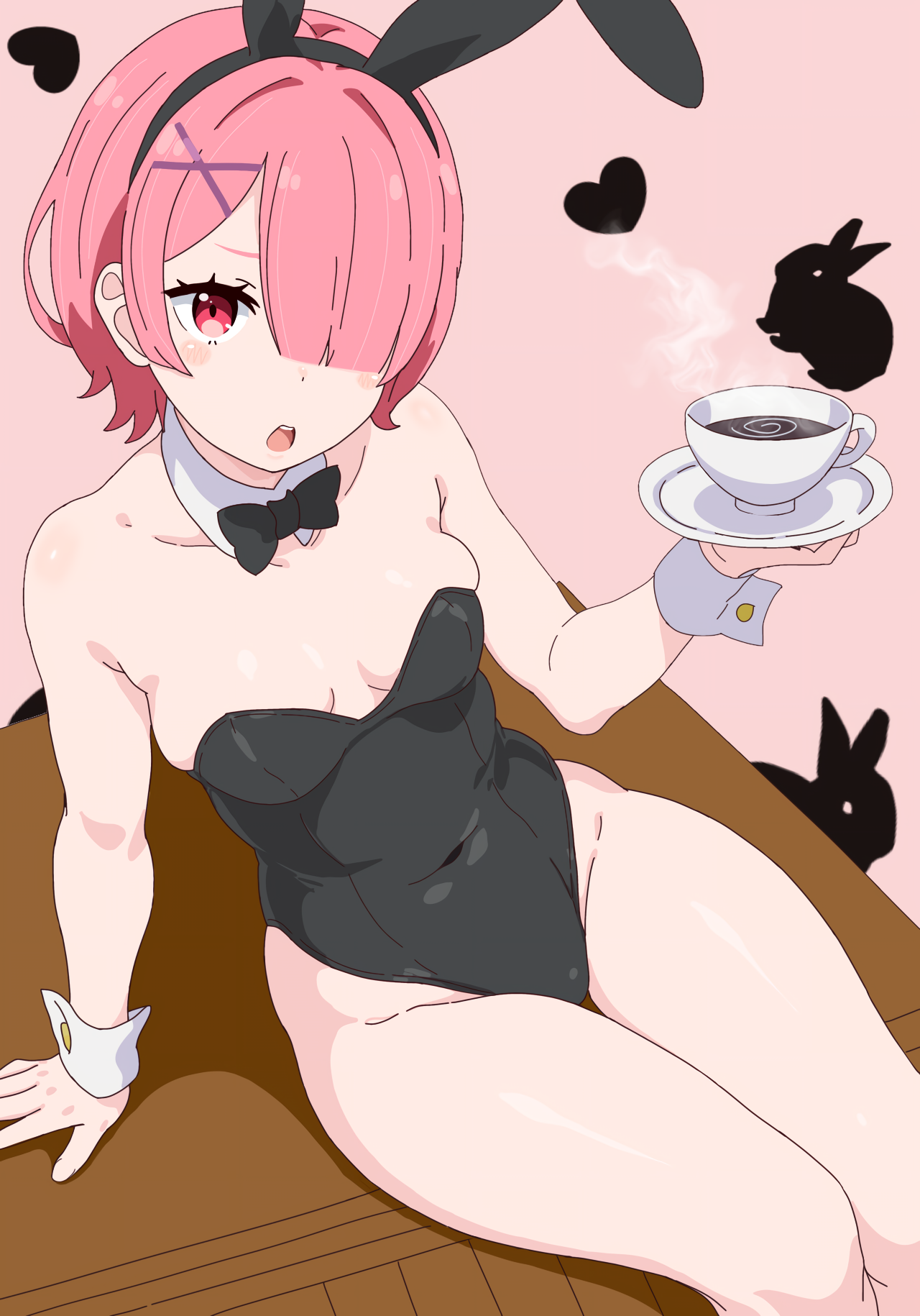 remnia, ram (re:zero), re:zero kara hajimeru isekai seikatsu, highres, 1girl, animal ear hairband, animal ears, bare legs, black bow, black bowtie, black leotard, bow, bowtie, breasts, covered navel, cup, detached collar, fake animal ears, hair ornament, hair over one eye, hairband, leotard, pink background, pink hair, playboy bunny, rabbit, rabbit ears, red eyes, simple background, sitting, small breasts, strapless, strapless leotard, teacup, wrist cuffs, x hair ornament