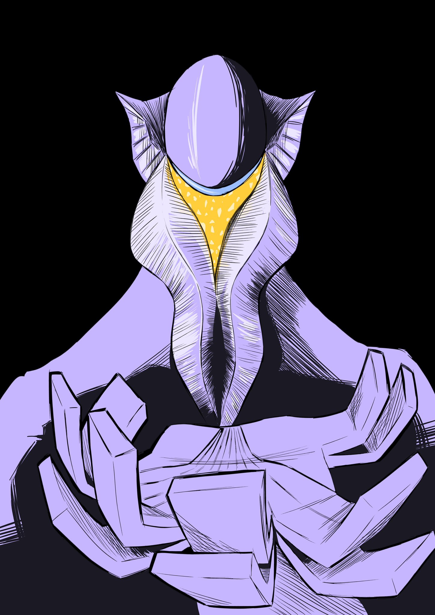 mephilas seijin, shin ultraman, tokusatsu, ultra series, highres, 1boy, alien, black background, blue eyes, colored skin, extra digits, kaiju, looking at viewer, male focus, science fiction, simple background, solo, tanakazu44, upper body