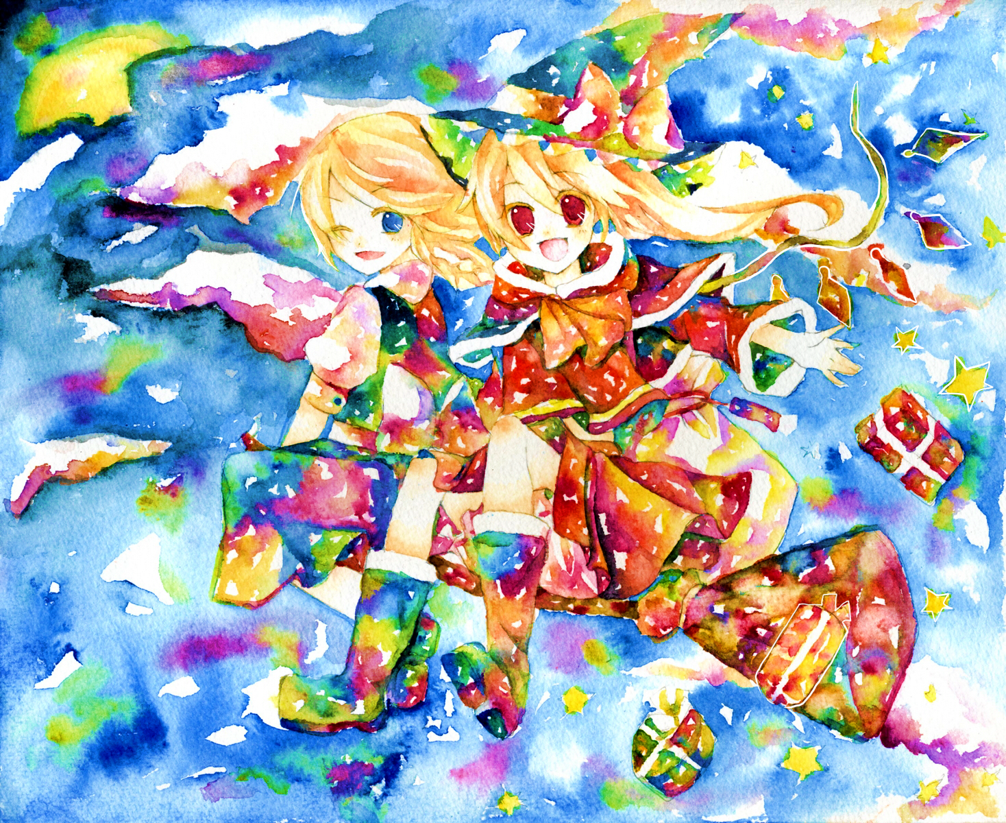 legomaru, flandre scarlet, kirisame marisa, touhou, bad id, bad pixiv id, highres, painting (medium), traditional media, watercolor (medium), 2girls, blonde hair, blue eyes, braid, broom, broom riding, capelet, female focus, gift, hat, multiple girls, one eye closed, ponytail, red eyes, sack, short hair, star (symbol), wings, wink, witch, witch hat