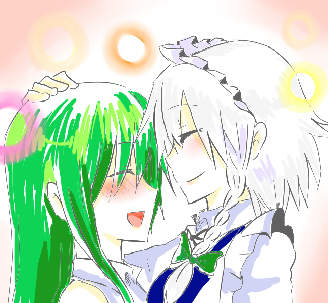 147, izayoi sakuya, kochiya sanae, touhou, silver hair, 2girls, blush, braid, closed eyes, female focus, gradient background, green hair, long hair, maid, multiple girls, short hair, smile, upper body, white background