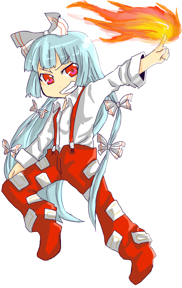 147, fujiwara no mokou, touhou, silver hair, bad id, bad pixiv id, 1girl, female focus, fire, full body, hair ribbon, long hair, red eyes, ribbon, solo, white background