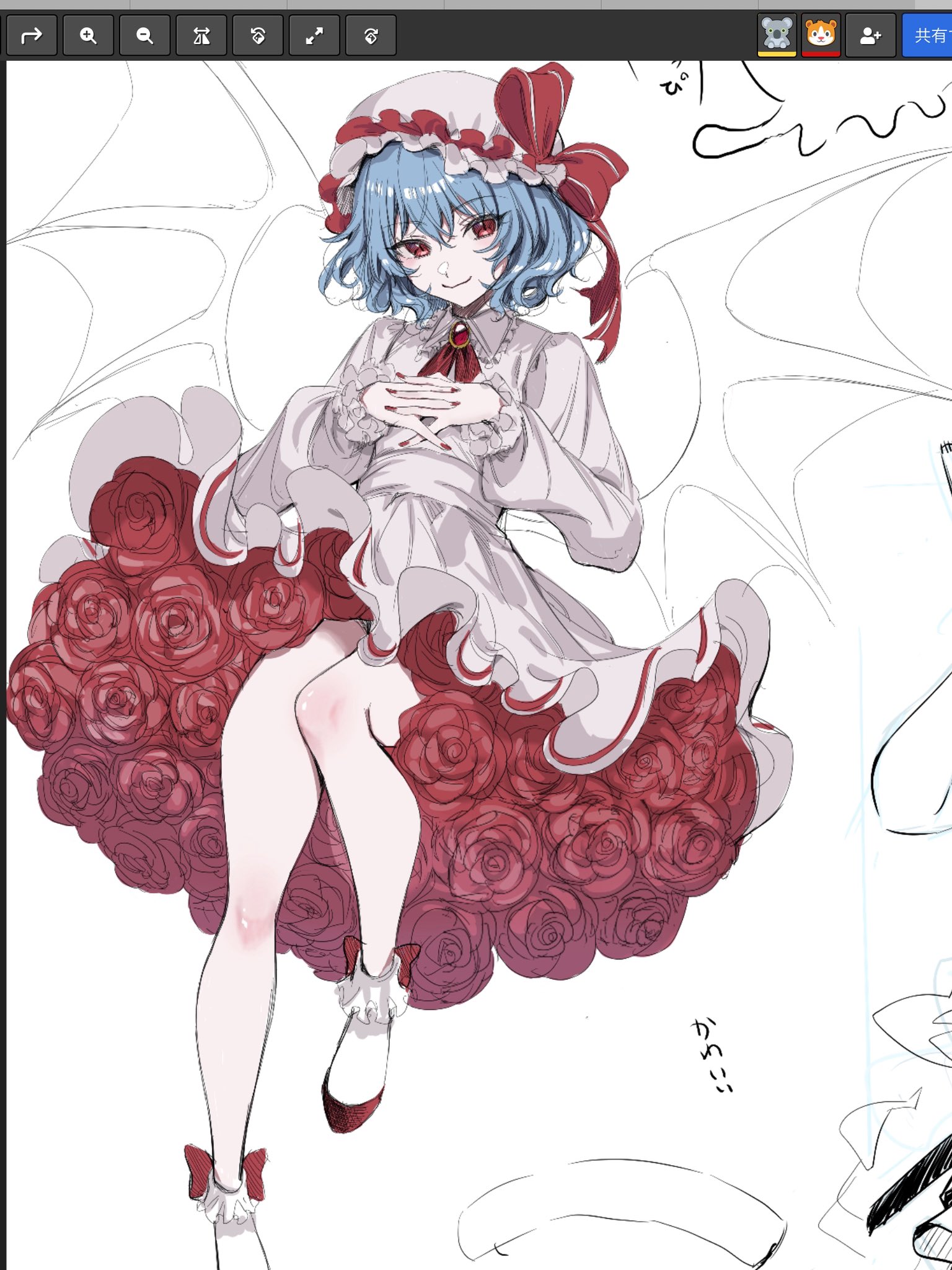 remilia scarlet, touhou, commentary, highres, 1girl, art program in frame, ascot, bat wings, blue hair, bow, brooch, dress, flat chest, flower, frilled dress, frilled hat, frilled sleeves, frilled socks, frills, full body, gem, hat, hat bow, hayakuhashireyo, jewelry, long sleeves, looking at viewer, magicaldraw, magicaldraw (medium), mob cap, nail polish, own hands clasped, own hands together, red ascot, red bow, red eyes, red gemstone, red nails, red shoes, rose, shoes, short hair, simple background, slit pupils, smile, socks, solo, vampire, white background, white dress, white hat, white socks, wings