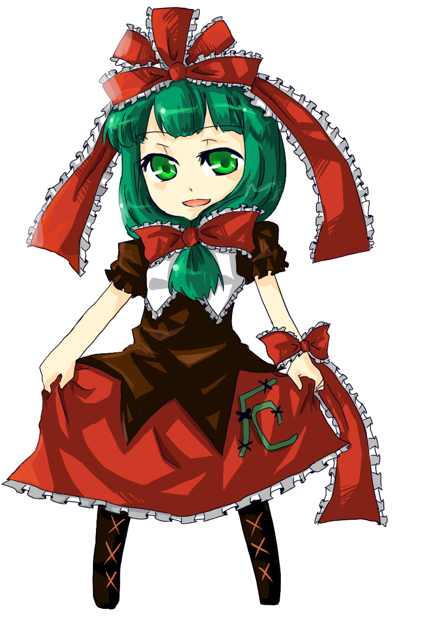 147, kagiyama hina, touhou, bad id, bad pixiv id, highres, 1girl, chibi, female focus, front ponytail, full body, green eyes, green hair, hair ribbon, long hair, ribbon, simple background, solo, standing, white background