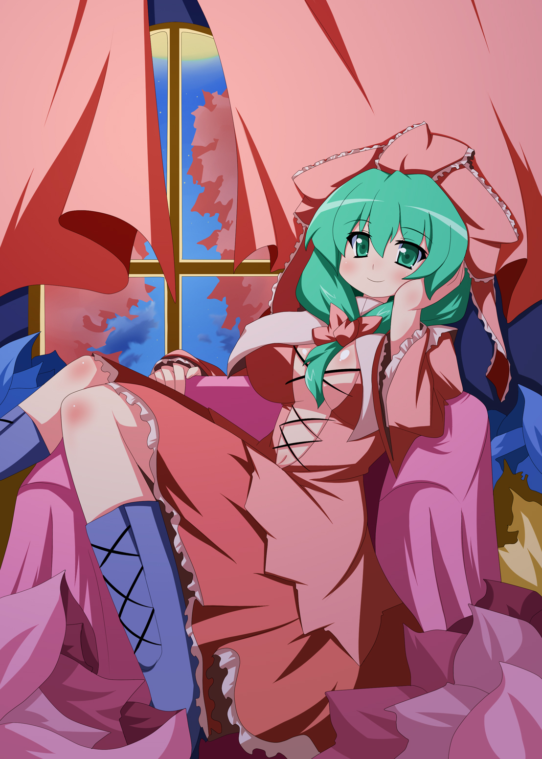 oborotsuki kakeru, kagiyama hina, touhou, highres, 1girl, boots, breasts, cleavage, female focus, front ponytail, green eyes, green hair, hair ribbon, matching hair/eyes, navel, ribbon, sitting, solo