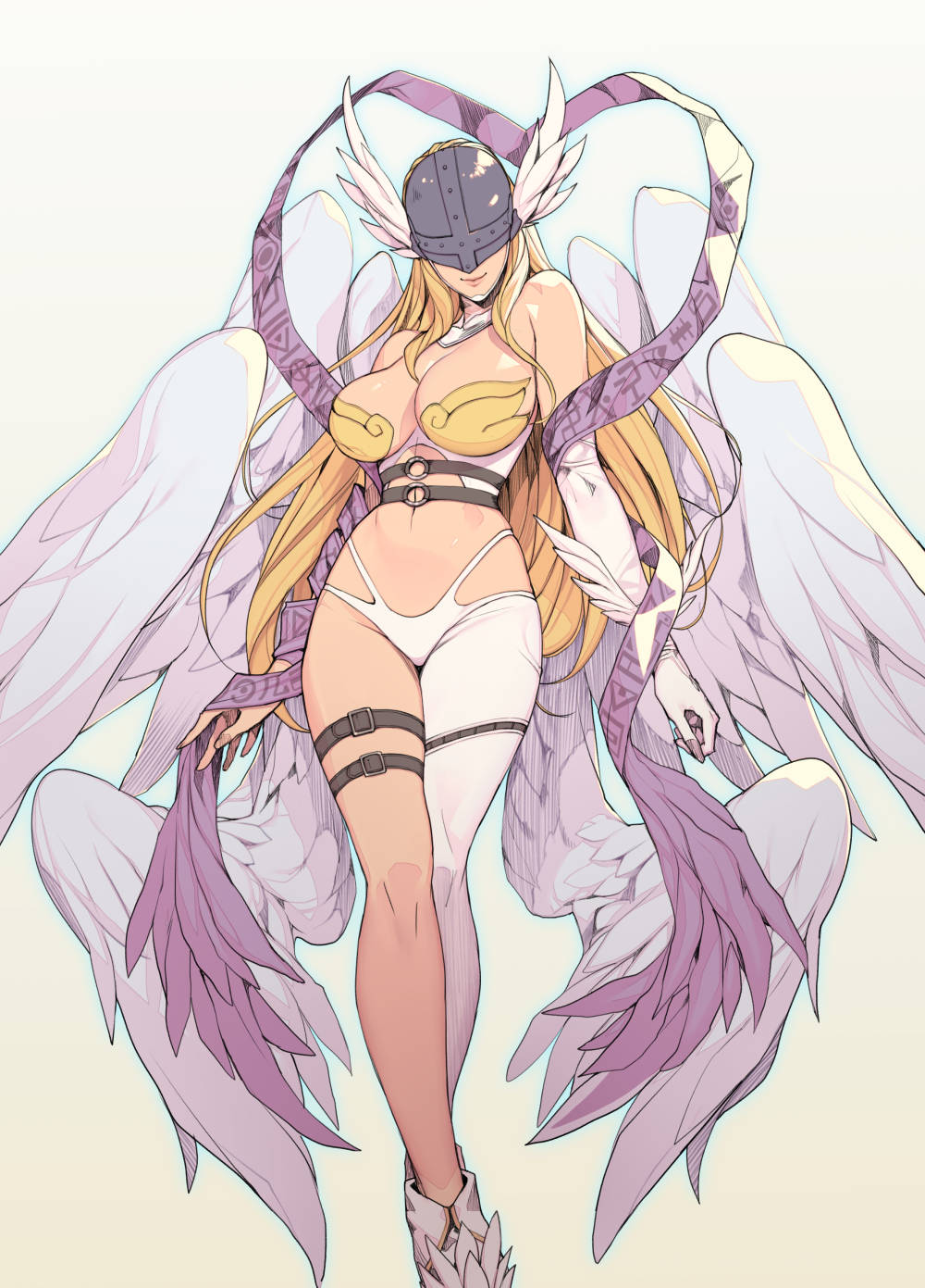 oda non, angewomon, digimon, digimon adventure, commentary, highres, angel, angel girl, angel wings, asymmetrical clothes, asymmetrical legwear, bare shoulders, blonde hair, breasts, collarbone, covered eyes, digimon (creature), elbow gloves, feathered wings, gloves, head wings, helmet, helmet over eyes, large breasts, long hair, multiple wings, pink shawl, shawl, shiny skin, simple background, thigh strap, thighs, wings, wrist wings
