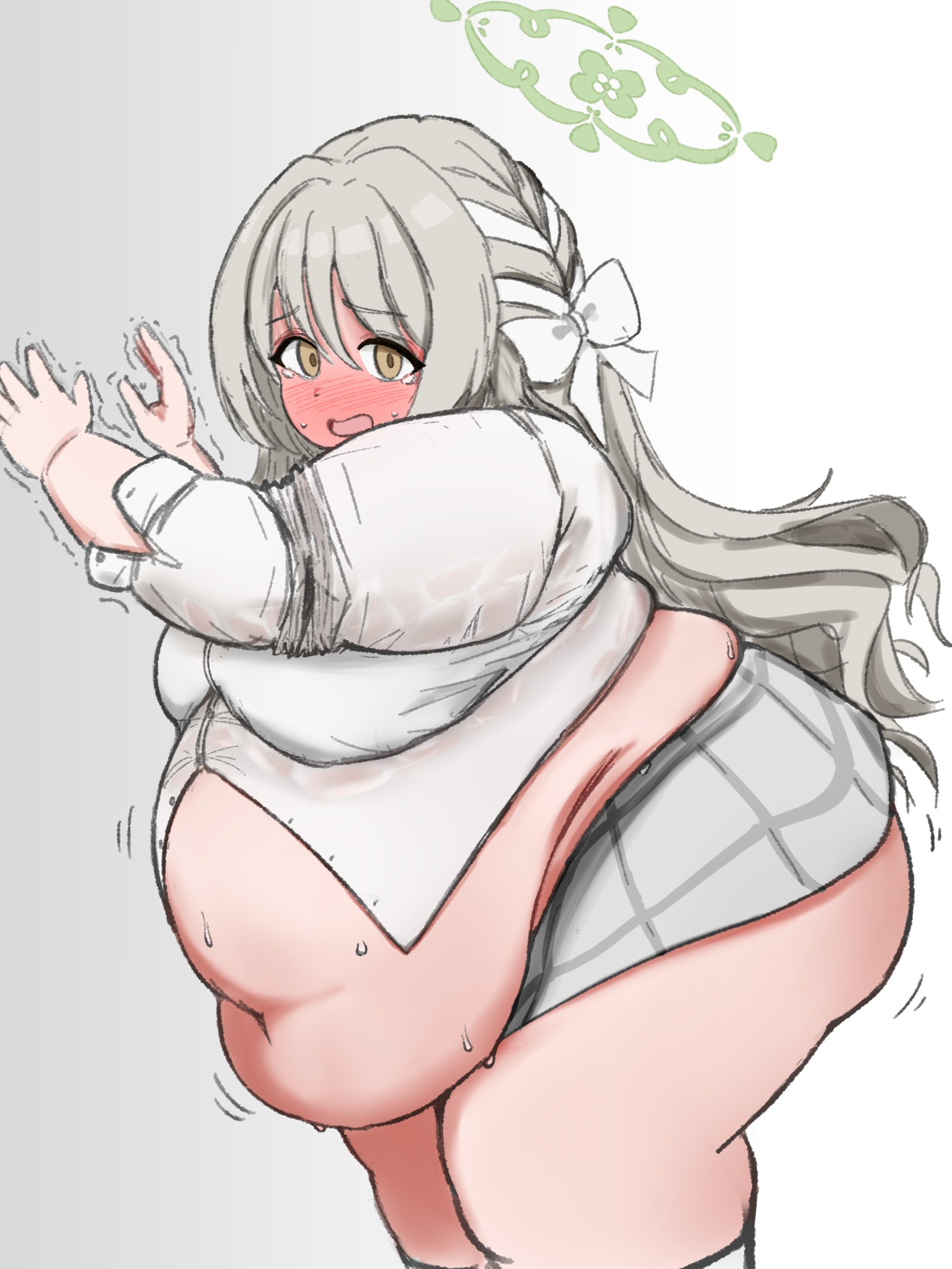 wawawaltz, miyo (blue archive), blue archive, highres, 1girl, ass, belly, belly hang, big belly, blush, bow, breasts, brown eyes, fat, fat woman, from side, full-face blush, grey hair, grey skirt, hair bow, hair ribbon, halo, long hair, medium breasts, multicolored hair, navel, obese, open mouth, plaid clothes, plaid skirt, ribbon, shirt, skirt, socks, solo, standing, sweat, tears, thick arms, thick thighs, thighs, tight clothes, tress ribbon, white background, white bow, white hair, white shirt, white socks