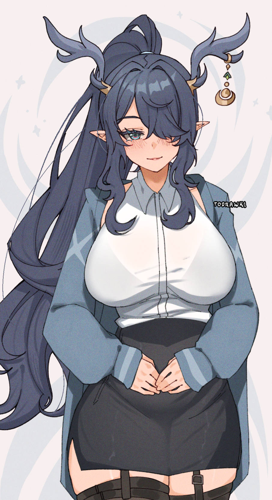 wokiiarts, lauma (genshin impact), genshin impact, highres, 1girl, alternate costume, antlers, black hair, black thighhighs, blush, bra visible through clothes, breasts, deer antlers, green eyes, grey jacket, high-waist skirt, horns, jacket, large breasts, long hair, looking at viewer, office lady, pencil skirt, pointy ears, ponytail, shirt, sidelocks, skirt, sleeveless, sleeveless shirt, smile, solo, thighhighs, white shirt