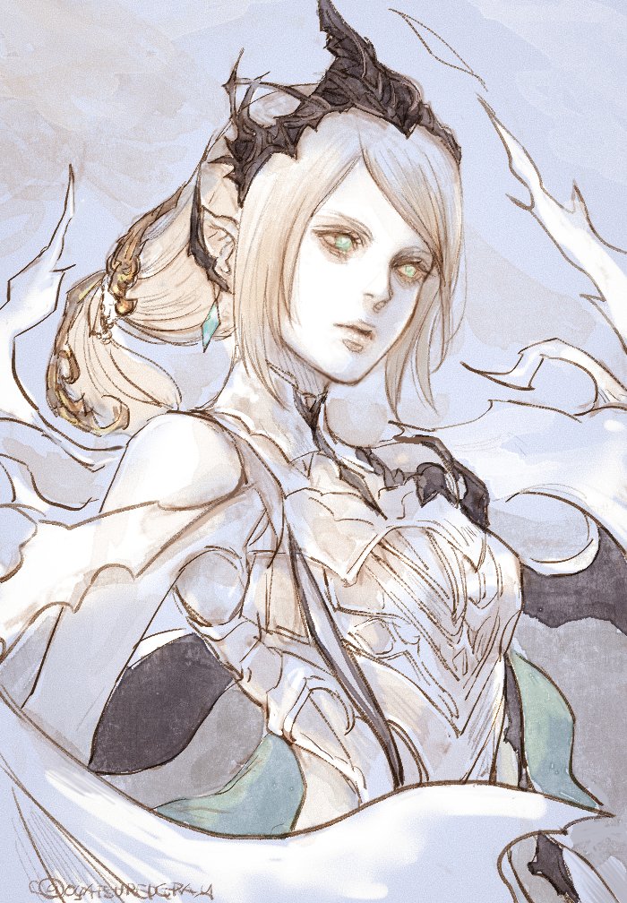 oyatsuredgray, jill warrick, shiva (final fantasy), final fantasy, final fantasy xvi, 1girl, aqua eyes, armor, bare shoulders, breastplate, breasts, closed mouth, crown, dress, earrings, grey background, grey hair, jewelry, medium breasts, pale skin, pointy ears, solo, swept bangs, twintails, upper body, white dress