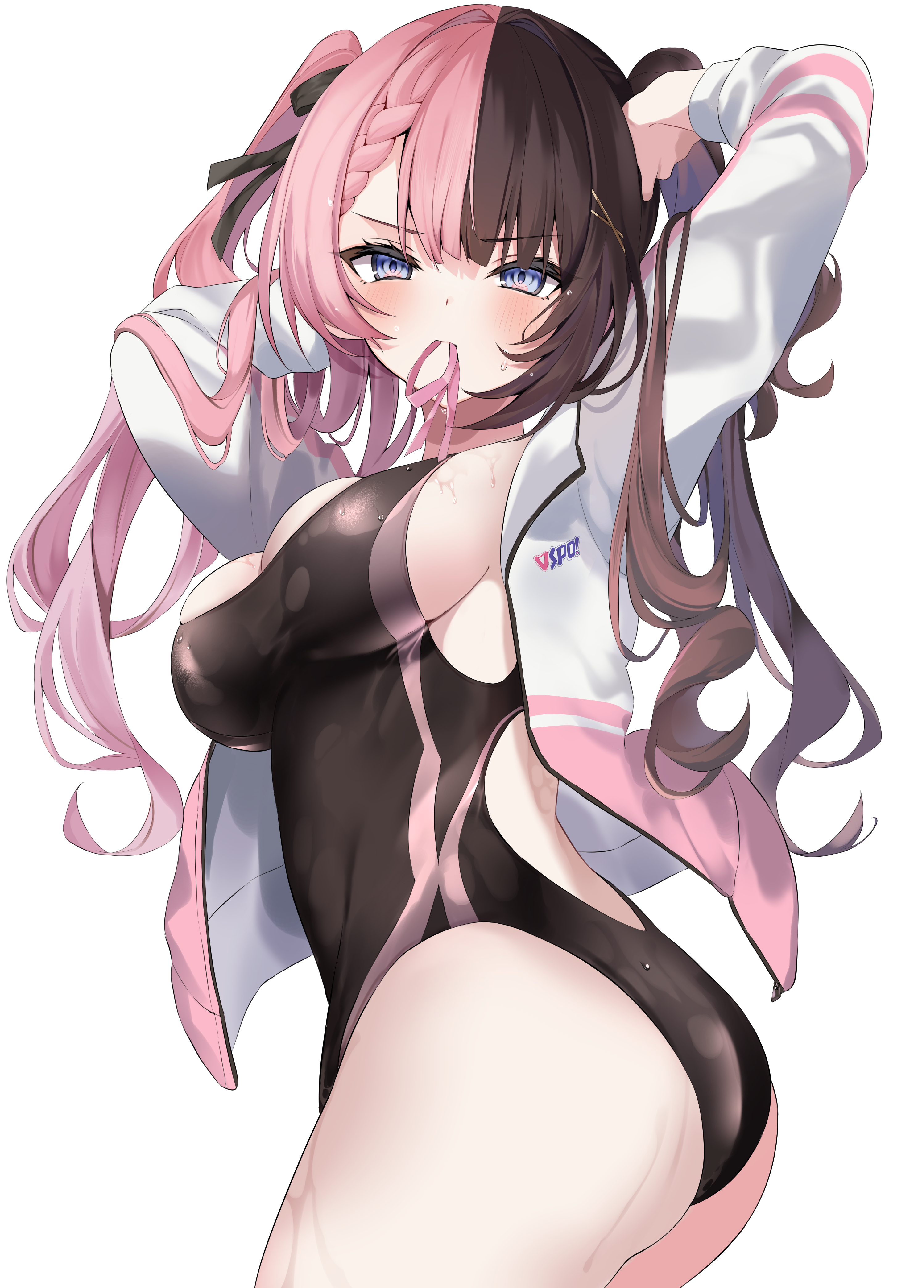 argule0901, tachibana hinano, vspo!, absurdres, commentary request, highres, 1girl, arms behind head, arms up, back cutout, black hair, black one-piece swimsuit, blue eyes, braid, braided bangs, breasts, clothing cutout, competition swimsuit, covered navel, jacket, large breasts, long hair, looking at viewer, mouth hold, multicolored hair, one-piece swimsuit, open clothes, open jacket, pink hair, sideboob, simple background, solo, split-color hair, swimsuit, two-tone hair, two side up, tying hair, virtual youtuber, white background, white jacket