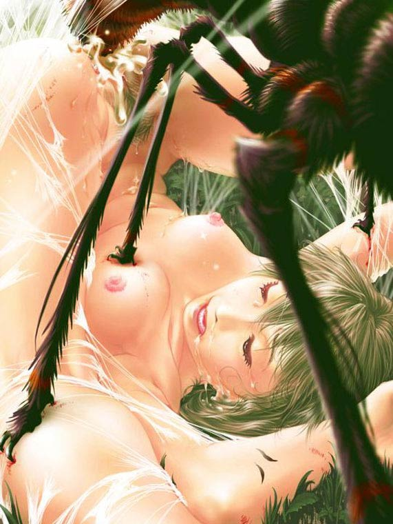 tagme, blood, breasts, bug, closed eyes, green hair, nude, pubic hair, rape, silk, spider, spider web