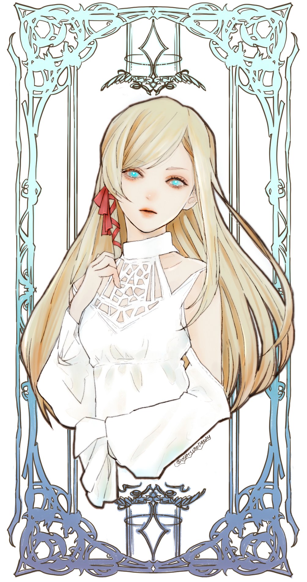oyatsuredgray, minfilia warde, final fantasy, final fantasy xiv, highres, 1girl, aqua eyes, blonde hair, breasts, closed mouth, clothing cutout, cropped torso, detached sleeves, dress, hair ribbon, hand on own chest, long hair, medium breasts, red ribbon, ribbon, shoulder cutout, solo, straight hair, swept bangs, twintails, upper body, white dress