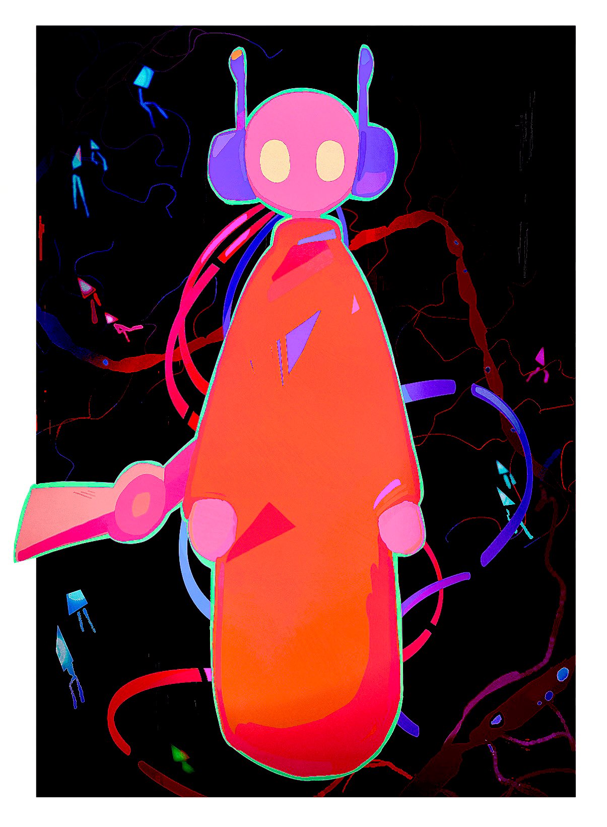 rw dayfly, five pebbles, iterator (rain world), rain world, commentary request, highres, korean commentary, arms at sides, black background, blank eyes, border, cable, colored skin, humanoid robot, looking at viewer, neuron fly (rain world), no mouth, orange robe, pink skin, robe, robot, robot ears, simple background, white border