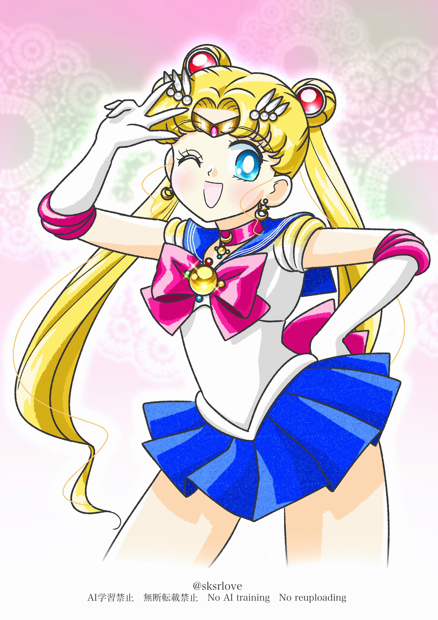 sksrlove, sailor moon, tsukino usagi, bishoujo senshi sailor moon, commentary request, highres, textless version, 1girl, blonde hair, blue eyes, blue sailor collar, bow, choker, circlet, crescent, crescent earrings, double bun, earrings, elbow gloves, gloves, hair bun, hair ornament, jewelry, long hair, looking at viewer, magical girl, one eye closed, parted bangs, red bow, red choker, sailor collar, sailor senshi uniform, simple background, smile, solo, twintails, white background, white gloves