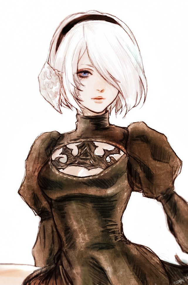 oyatsuredgray, 2b (nier:automata), final fantasy, final fantasy xiv, nier:automata, nier (series), 1girl, au ra, black dress, black hairband, blue eyes, breasts, cleavage, cleavage cutout, clothing cutout, dragon horns, dress, hair over one eye, hairband, horns, juliet sleeves, long sleeves, medium breasts, puffy sleeves, short hair, solo, turtleneck, turtleneck dress, twitter username, upper body, white background, white hair