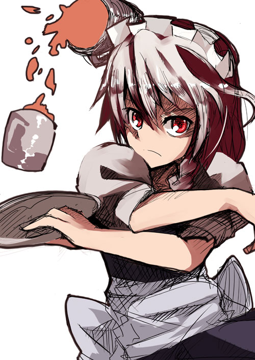 mie haru, mieharu, izayoi sakuya, touhou, silver hair, 1girl, female focus, hairband, maid, red eyes, short hair, simple background, solo, white background