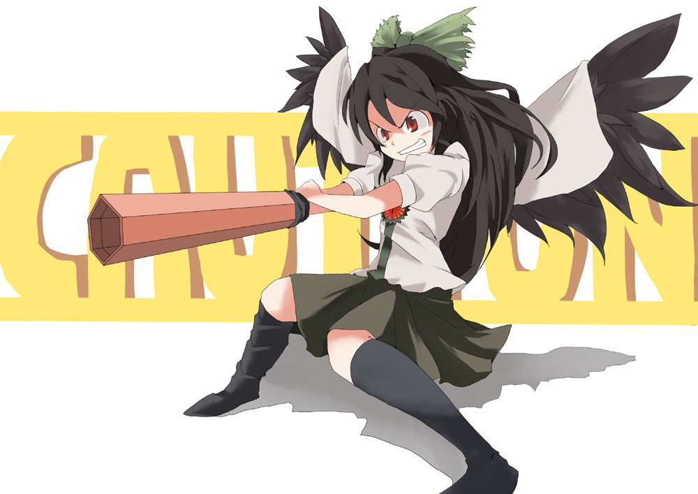 mie haru, mieharu, reiuji utsuho, touhou, 1girl, black hair, female focus, grin, long hair, red eyes, ribbon, skirt, smile, socks, solo, white background, wings