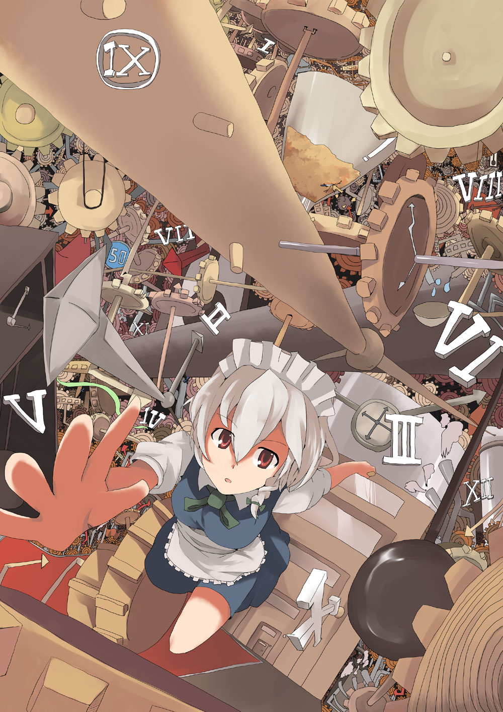 mie haru, mieharu, izayoi sakuya, embodiment of scarlet devil, touhou, silver hair, highres, 1girl, clock, female focus, gears, maid, reaching, red eyes, ribbon, short hair, sign, solo