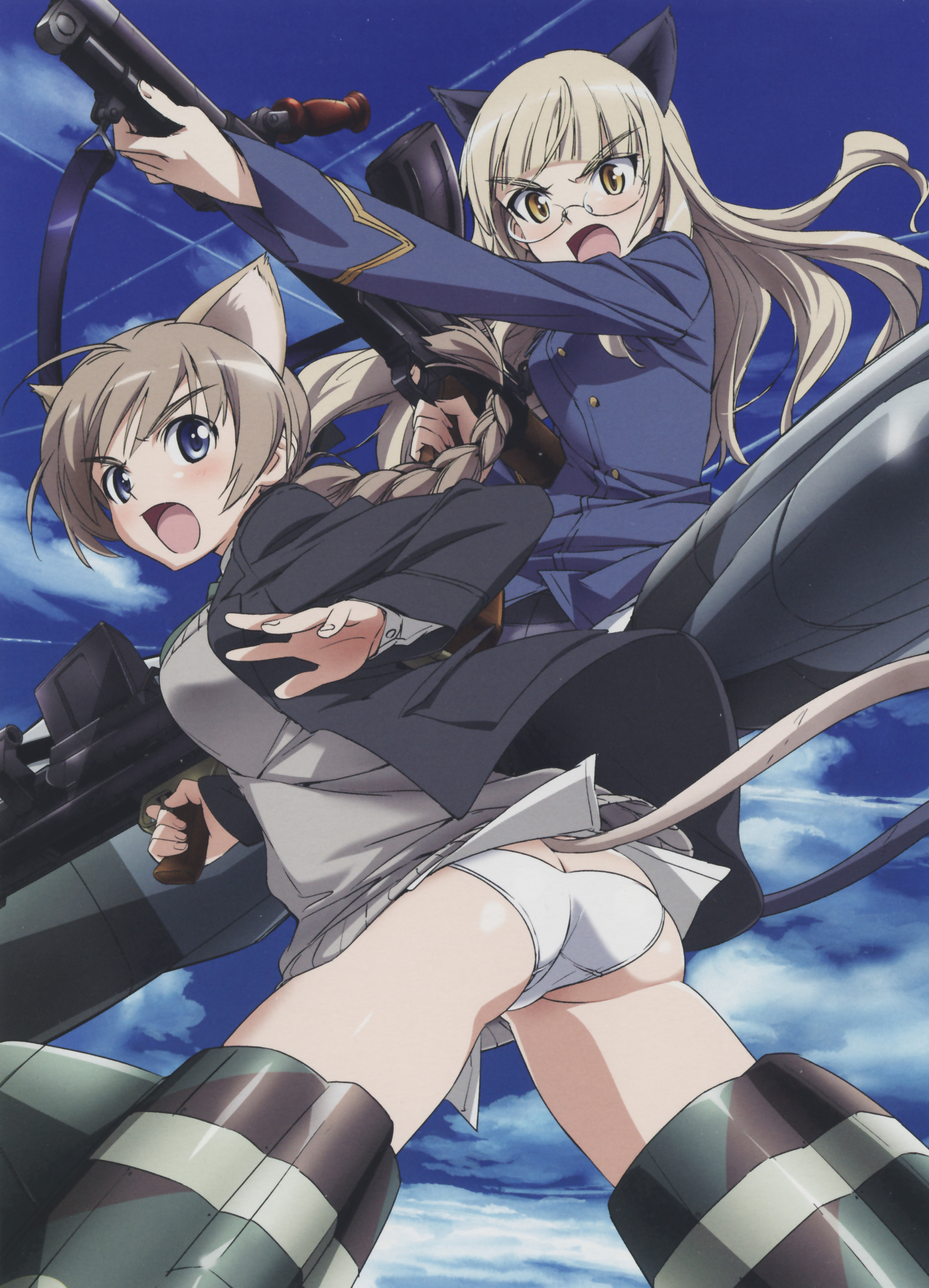 lynette bishop, perrine h. clostermann, strike witches, world witches series, absurdres, highres, official art, scan, 00s, 2girls, animal ears, anti-materiel rifle, ass, blonde hair, blue eyes, braid, bren lmg, butt crack, cat ears, cat tail, crotch seam, glasses, gun, light machine gun, machine gun, multiple girls, panties, panties under pantyhose, pantyhose, rifle, single braid, sniper rifle, tail, underwear, weapon, yellow eyes