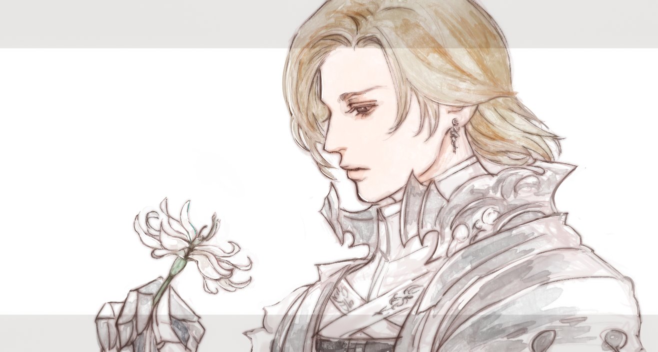 oyatsuredgray, dion lesage, final fantasy, final fantasy xvi, 1boy, armor, armored gloves, blonde hair, border, earrings, flower, grey border, half-closed eyes, holding, holding flower, jewelry, male focus, medium hair, parted bangs, shirt, shoulder armor, solo, swept bangs, upper body, white background, white flower, white shirt