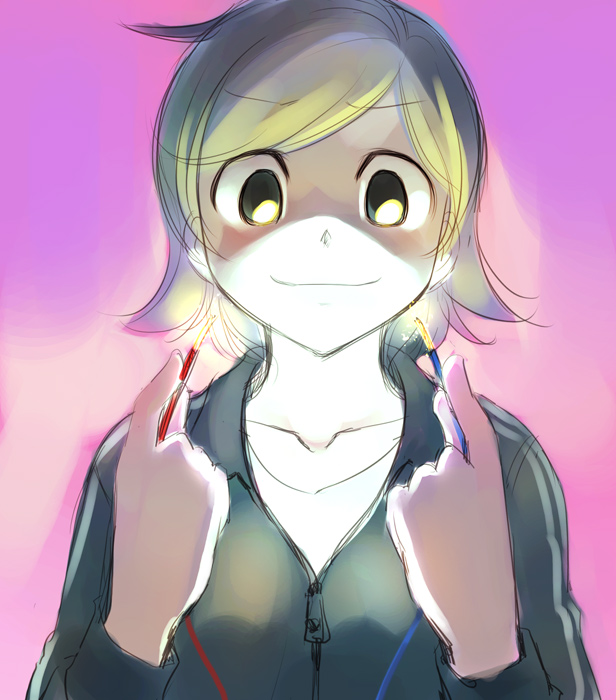 ikeda jun (mizutamari), original, 1girl, blonde hair, cable, collarbone, dark, female focus, jacket, shaded face, short hair, sketch, solo, sparks, wire
