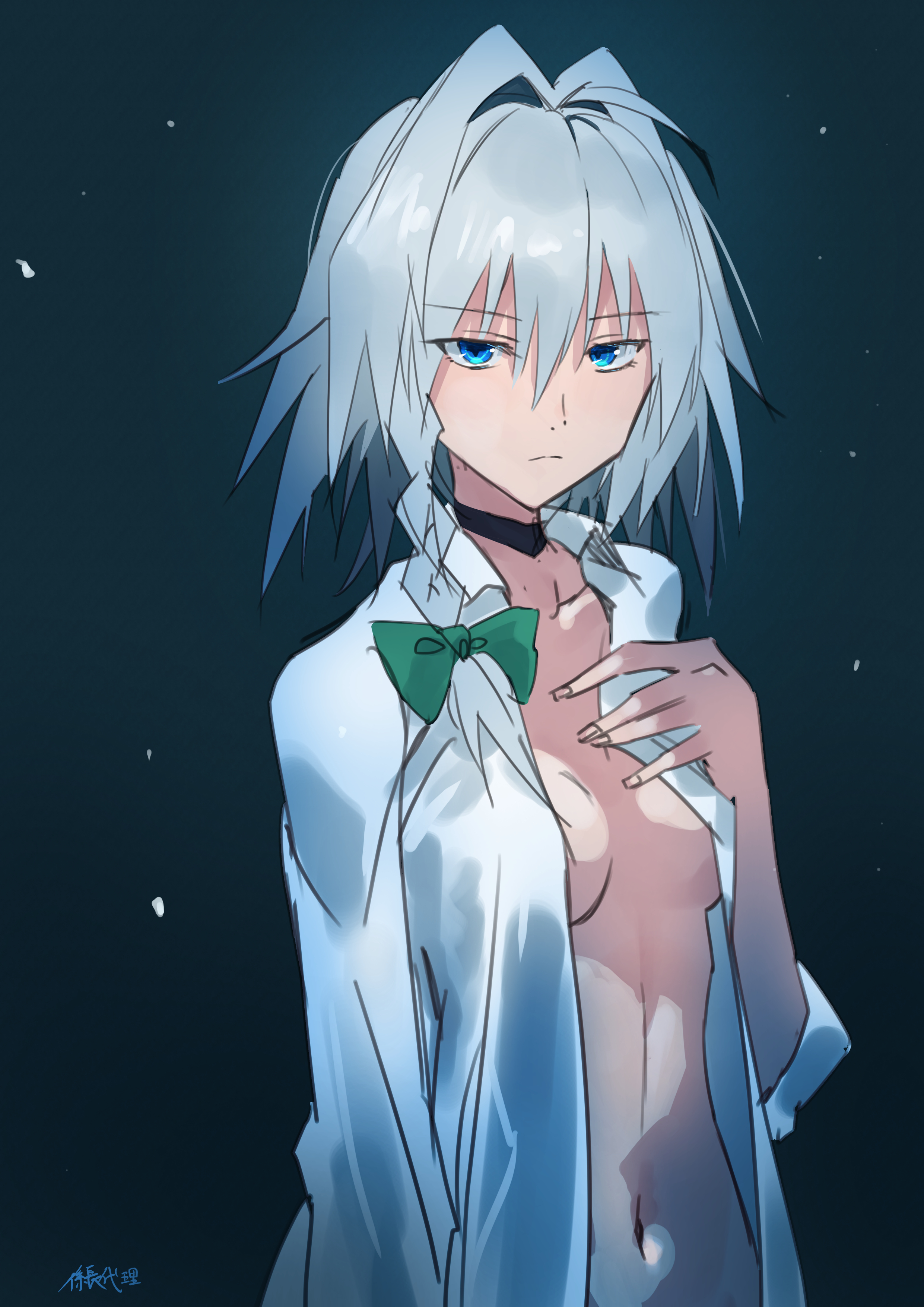 kakaricho dairi, izayoi sakuya, touhou, absurdres, highres, 1girl, artist name, blue eyes, bow, braid, braided sidelock, breasts, collarbone, expressionless, green bow, hair bow, looking at viewer, naked shirt, navel, no bra, open clothes, open shirt, shirt, solo, white hair