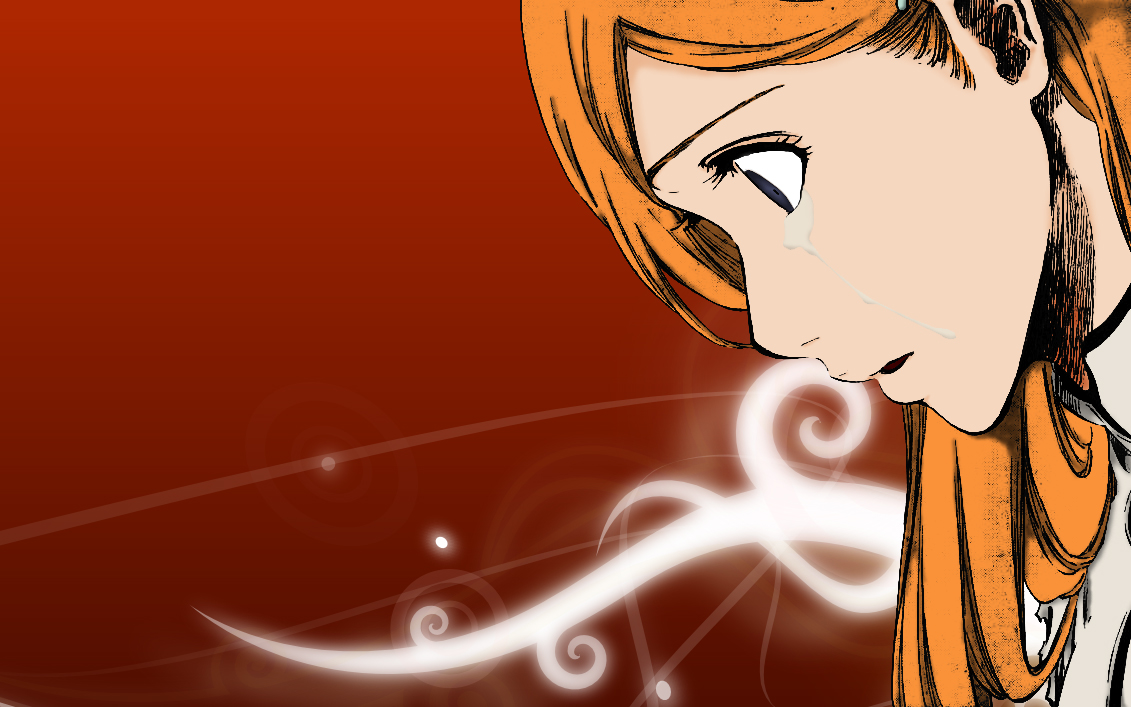 kubo tite, inoue orihime, bleach, official art, official wallpaper, 00s, 1girl, female focus, long hair, orange hair, profile, solo, tears