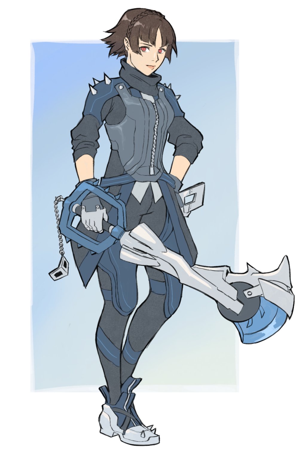 radiostarkiller, niijima makoto, queen (persona 5), kingdom hearts, persona, persona 5, highres, 1girl, adapted costume, bodysuit, braid, brown hair, crown braid, full body, gloves, holding, holding weapon, keyblade, red eyes, short hair, shoulder spikes, simple background, solo, spikes, standing, weapon