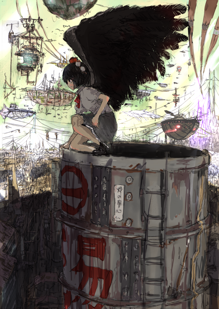 kai (kai 013), shameimaru aya, touhou, looking away, bad id, bad pixiv id, 1girl, aircraft, airship, black wings, city, expressionless, female focus, flying, hat, solo, wings