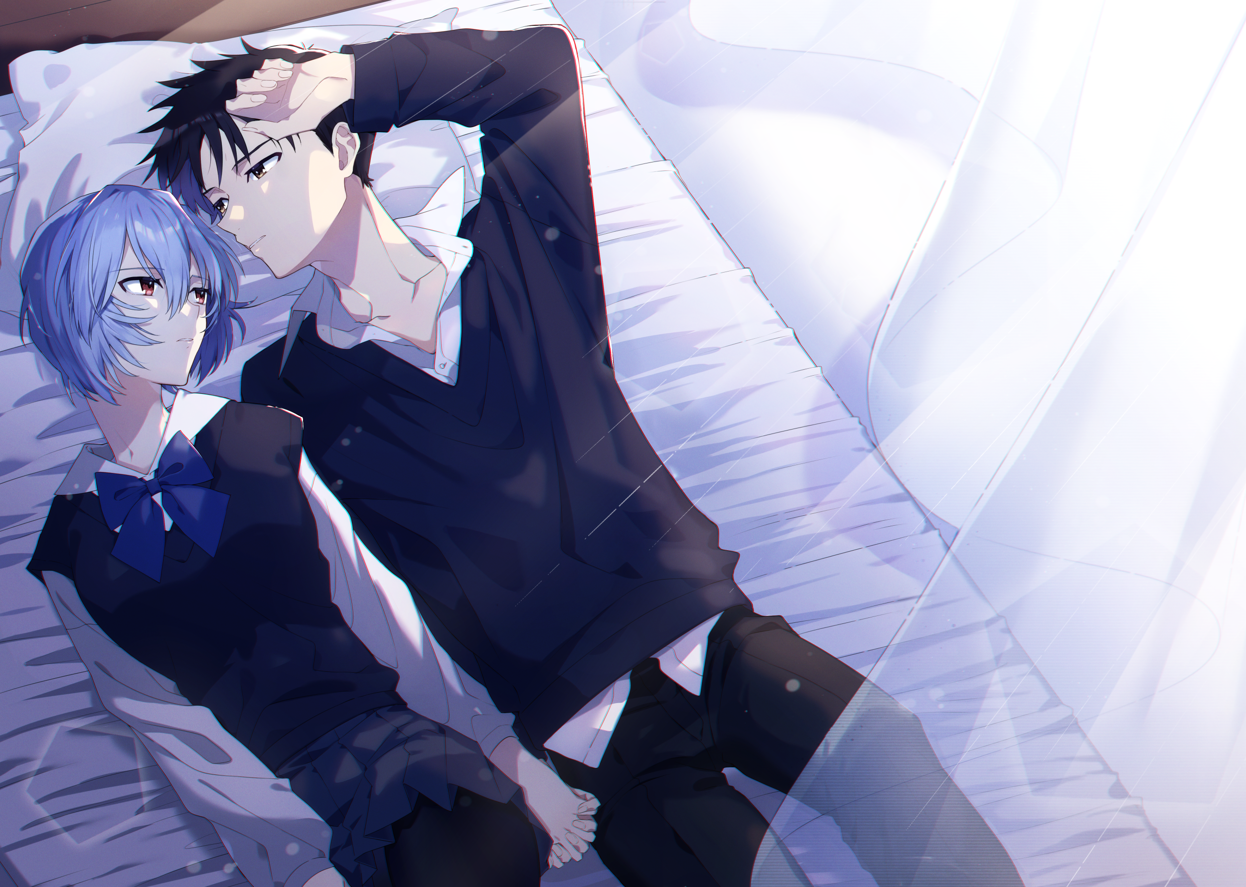 yoshio 296, ayanami rei, ikari shinji, neon genesis evangelion, highres, 1boy, 1girl, aged up, alternate costume, arm up, bed, bed sheet, bedroom, black hair, blue bow, blue bowtie, blue hair, bow, bowtie, breasts, brown eyes, collarbone, collared shirt, couple, curtains, eye contact, hand on own head, hetero, holding hands, indoors, interlocked fingers, looking at another, lying, on back, on bed, on side, pants, pillow, red eyes, resting, shirt, short hair, skirt, sweater, sweater vest, white shirt, window