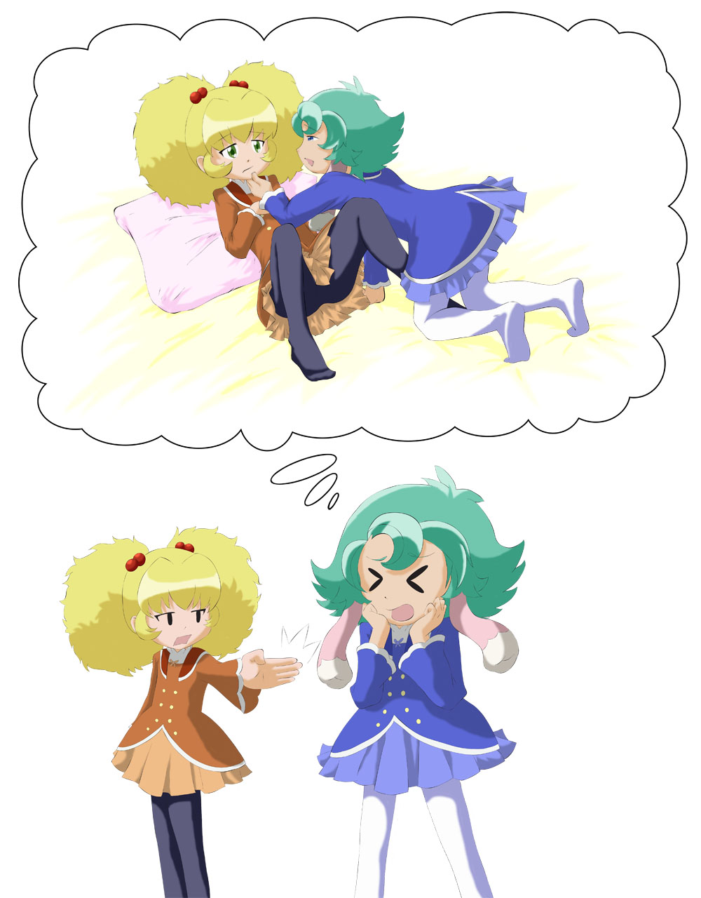 acty-bunkab, altessa, sophie (futagohime), fushigiboshi no futago hime, fushigiboshi no futago hime gyu, highres, > <, 00s, 2girls, all fours, animal ears, blonde hair, blue eyes, closed eyes, green eyes, green hair, imagining, multiple girls, pantyhose, pillow, thighhighs, white pantyhose, yuri