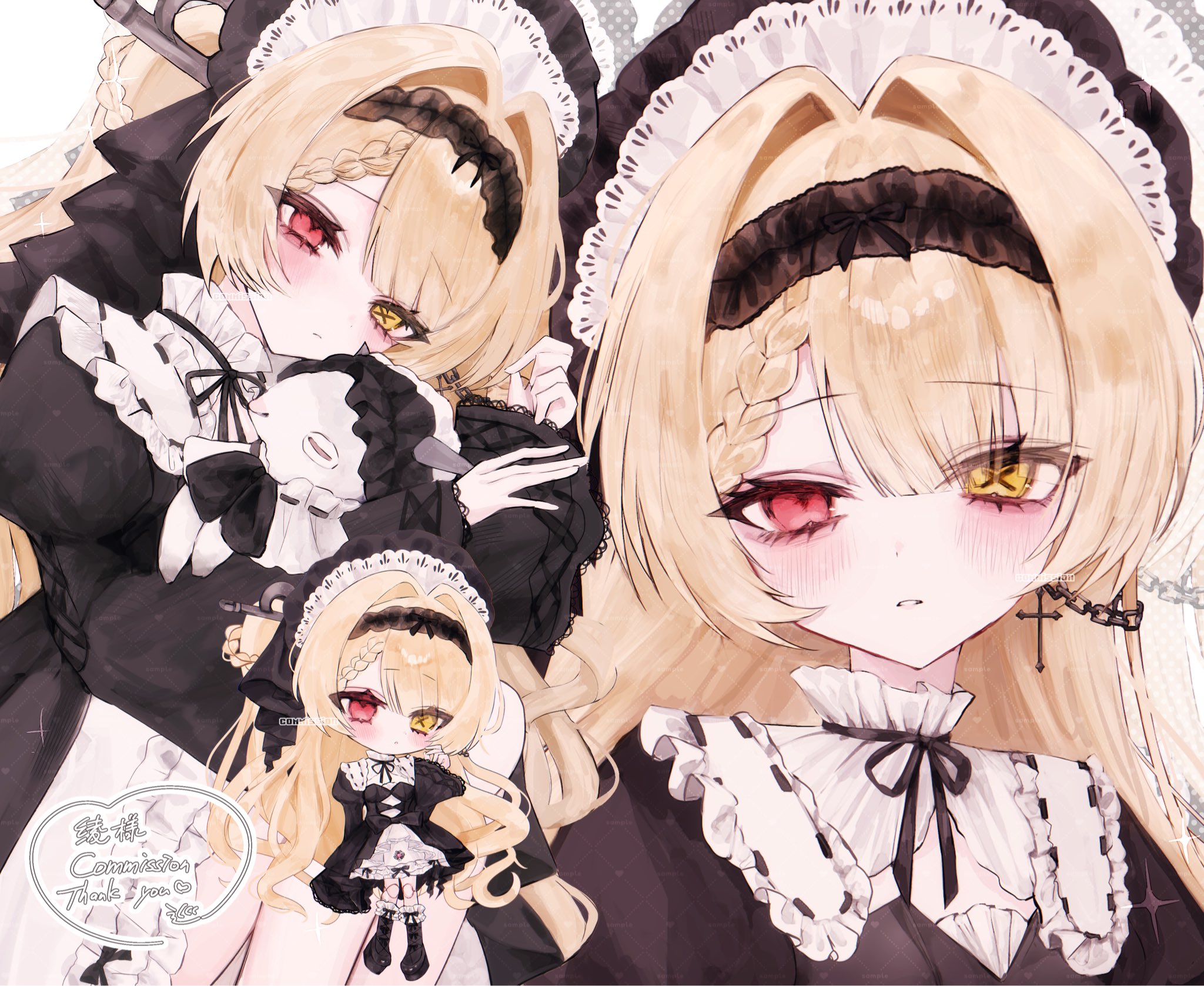 original, commission, hashtag-only commentary, highres, skeb commission, 0zz uu, 1girl, animal, bell sleeves, black bonnet, black boots, black dress, black hairband, black ribbon, blonde hair, blush, bonnet, boots, braid, braided bangs, chain, chibi, chibi inset, clothing cutout, collared dress, cross, cross-laced clothes, cross earrings, doll joints, dress, earrings, frilled dress, frills, goat, hair bun, hair intakes, hair ornament, hair stick, hairband, hands up, heterochromia, holding, holding animal, jewelry, joints, lace hairband, lolita fashion, long hair, long sleeves, looking at viewer, multiple views, parted lips, puffy long sleeves, puffy sleeves, red eyes, ribbon, single earring, swept bangs, symbol-shaped pupils, thank you, very long hair, white background, x-shaped pupils, yellow eyes