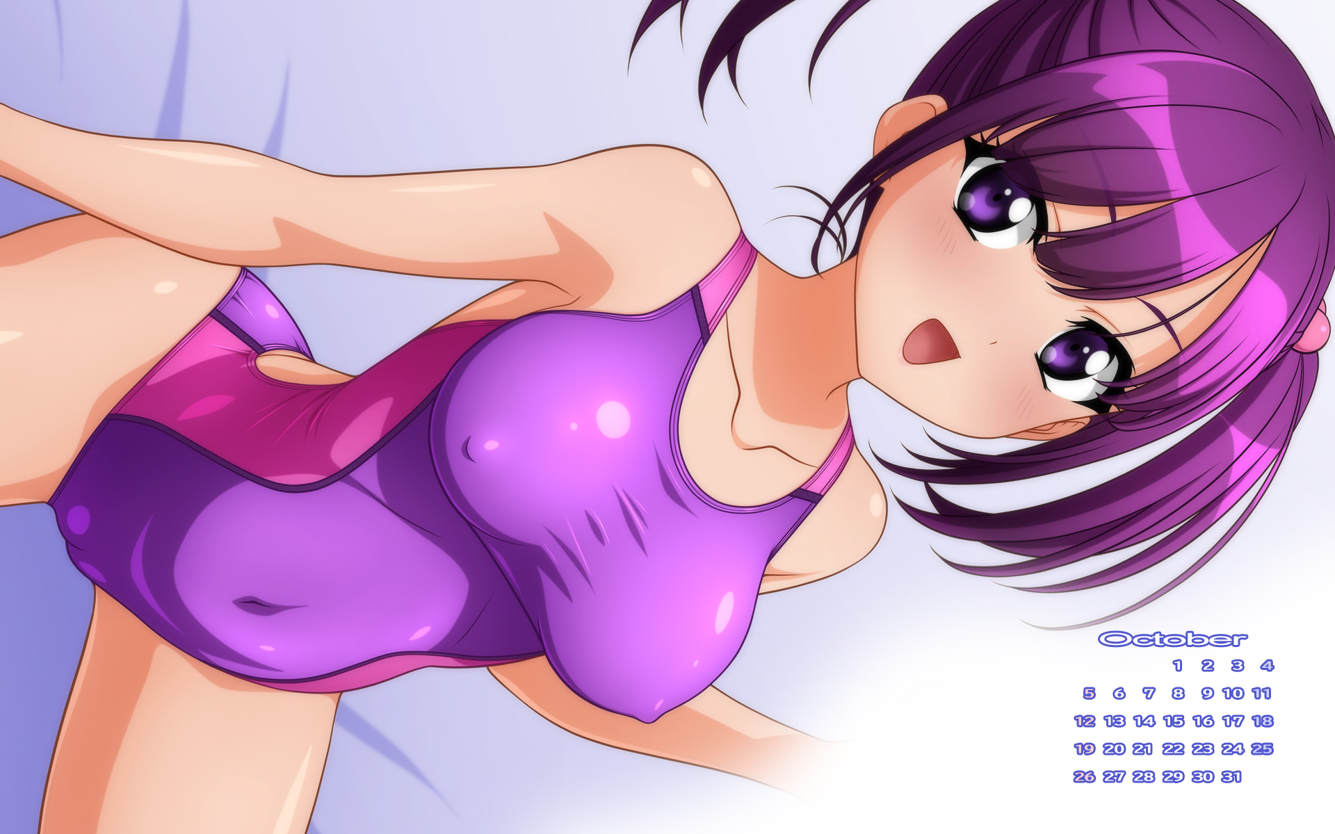 sugimura tomokazu, original, highres, 1girl, breasts, calendar (medium), competition swimsuit, covered erect nipples, covered navel, medium breasts, october, one-piece swimsuit, purple eyes, purple hair, purple one-piece swimsuit, sideways, sitting, smile, solo, swimsuit, twintails, two-tone swimsuit