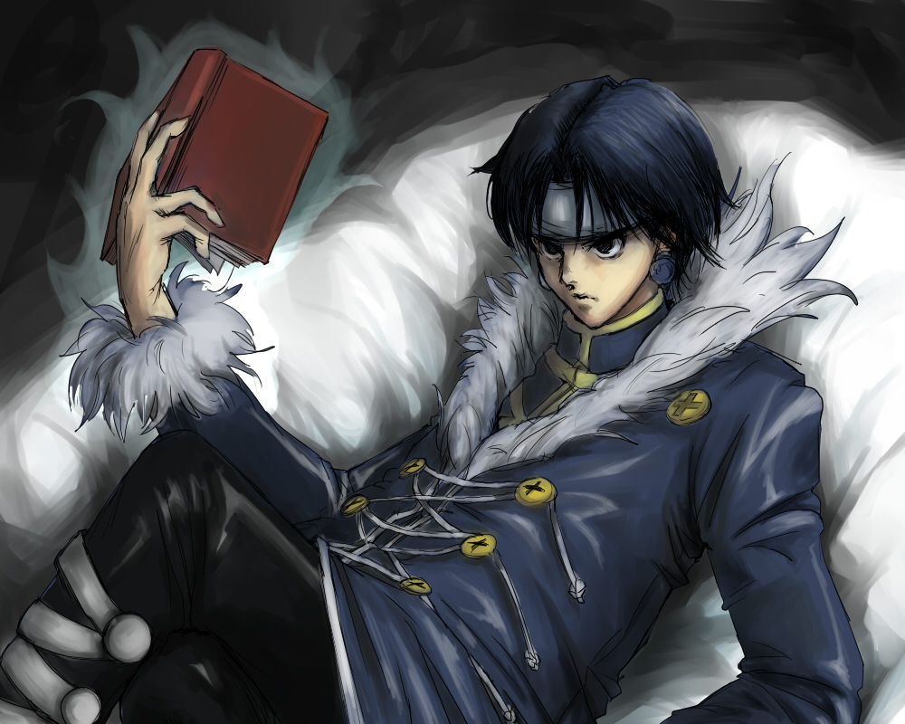 bucter 6 8, haseke, chrollo lucifer, chrollo lucilfer, hunter x hunter, 1boy, aura, black hair, book, male focus, solo