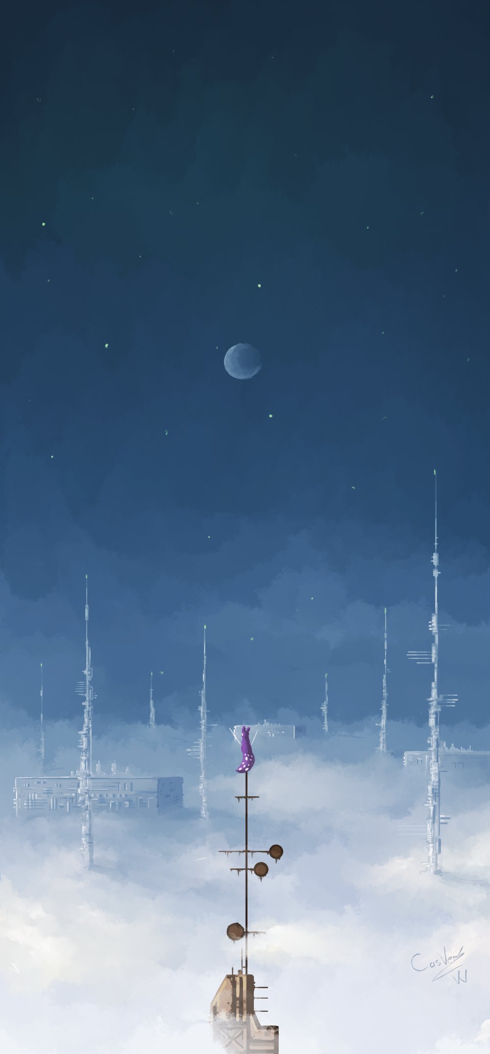 slugcat, spearmaster (rain world), rain world, highres, above clouds, artist name, blue sky, casver w, cloud, creature, moon, no humans, on top of pole, outdoors, radio antenna, signature, sky, sky focus, star (sky), very wide shot, white eyes