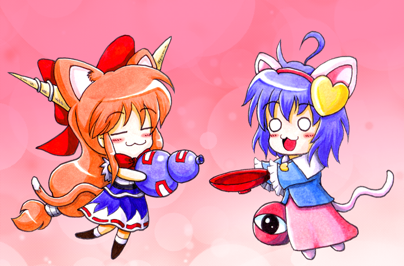 pic2 toshi, ibuki suika, komeiji satori, touhou, bad id, bad pixiv id, 2girls, :3, ahoge, animal ears, chibi, female focus, full body, horns, long hair, multiple girls, orange hair, purple hair, ribbon, short hair, standing, tail