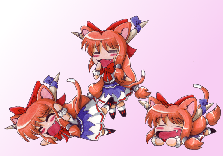 pic2 toshi, ibuki suika, touhou, bad id, bad pixiv id, 1girl, animal ears, chibi, clone, fang, female focus, horns, long hair, lying, multiple views, orange hair, ribbon, standing, tail
