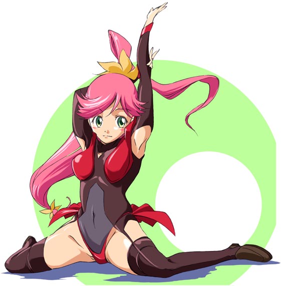 umanosuke, priscilla (gunxsword), gunxsword, 1girl, armpits, female focus, green eyes, leotard, pink hair, ponytail, solo, split, thighhighs
