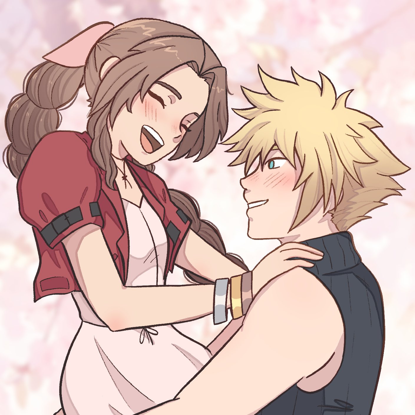 aerith gainsborough, cloud strife, final fantasy, final fantasy vii, final fantasy vii rebirth, final fantasy vii remake, highres, 1boy, 1girl, bangle, bare shoulders, black shirt, blonde hair, blue eyes, blush, bracelet, braid, braided ponytail, cherry blossoms, choker, couple, cropped jacket, dress, flower choker, hair between eyes, hair ribbon, hand on another's shoulder, hetero, jacket, jewelry, long hair, looking at another, open mouth, parted bangs, pink dress, pink ribbon, puffy short sleeves, puffy sleeves, punziebunnie, red jacket, ribbon, shirt, short hair, short sleeves, sidelocks, single braid, sleeveless, sleeveless turtleneck, smile, spiked hair, turtleneck