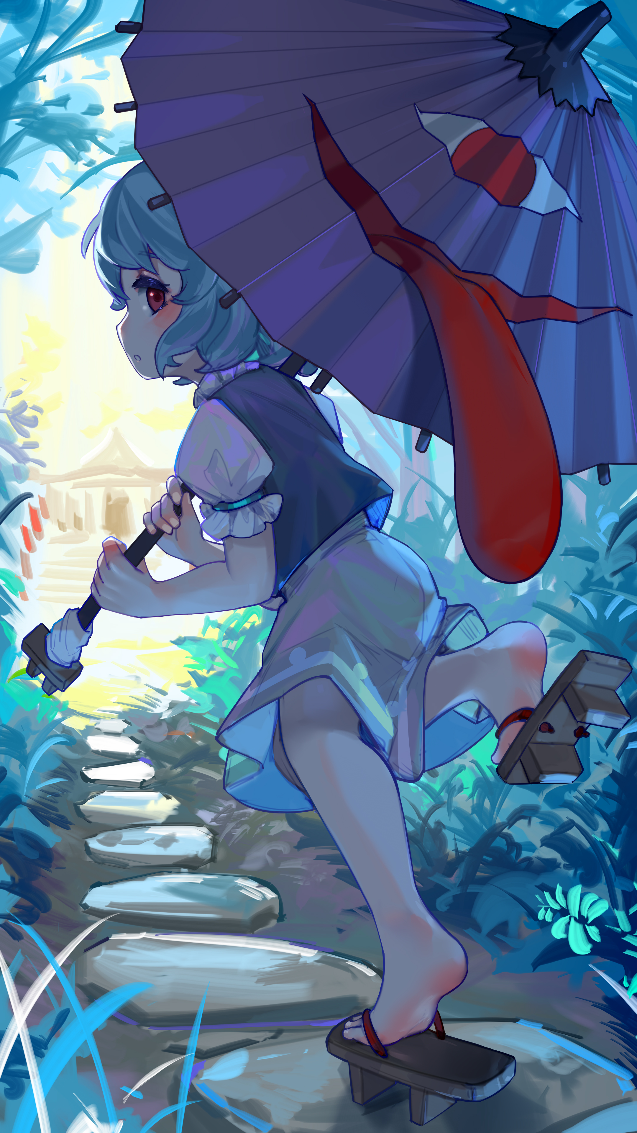 kourou (kouroukun), tatara kogasa, touhou, absurdres, highres, 1girl, blue hair, blue shirt, blush, geta, karakasa obake, red eyes, shirt, short hair, skirt, solo, umbrella, white skirt