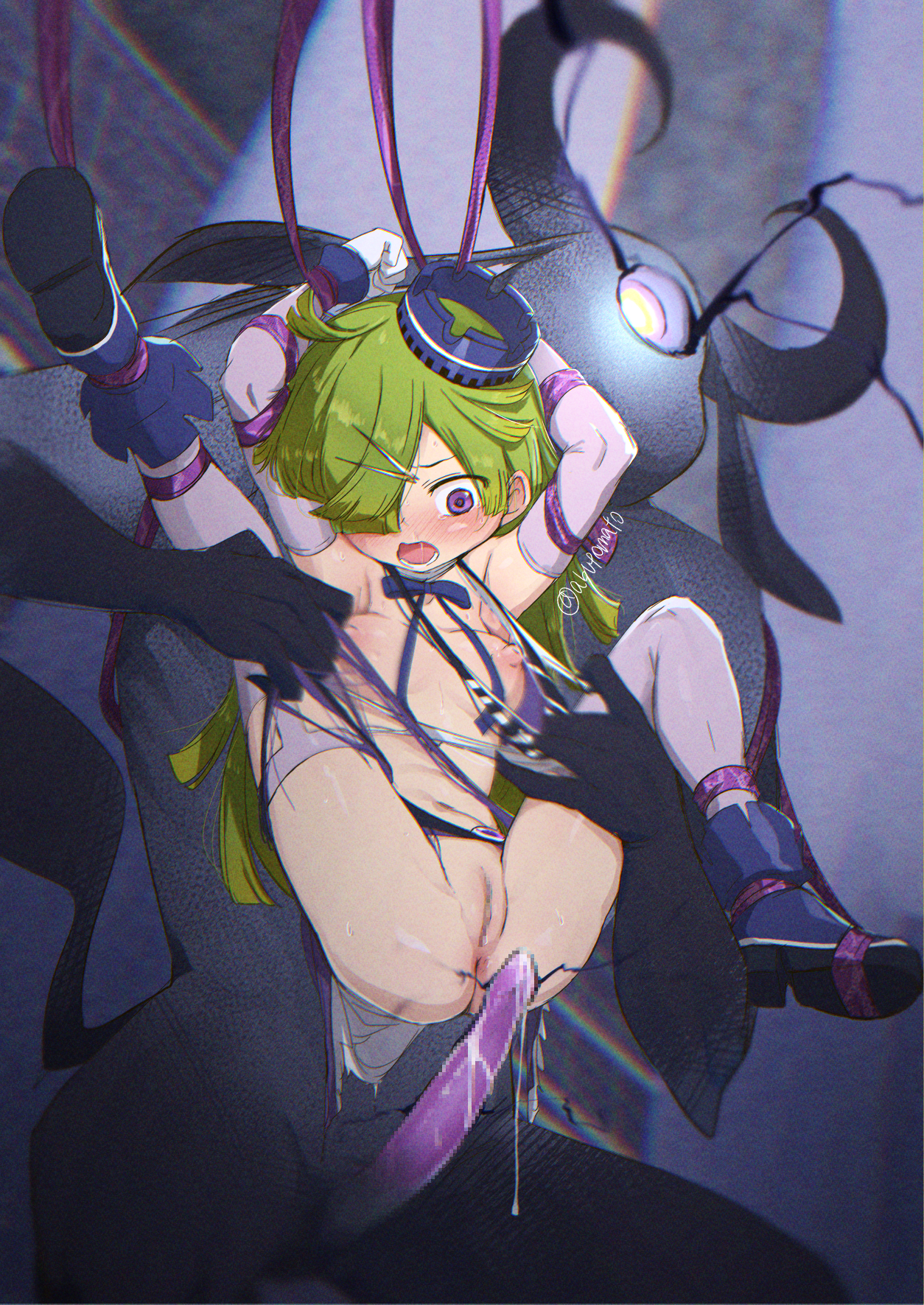 abutomato, aki mabayu, magia record: mahou shoujo madoka magica gaiden, mahou shoujo madoka magica, commentary request, highres, 1boy, 1girl, anus, armpits, blue boots, blue hat, blush, boots, breasts, censored, gloves, green hair, hair over one eye, hat, long hair, medium breasts, monster, mosaic censoring, navel, nipples, open mouth, penis, purple eyes, pussy, restrained, torn clothes, white gloves